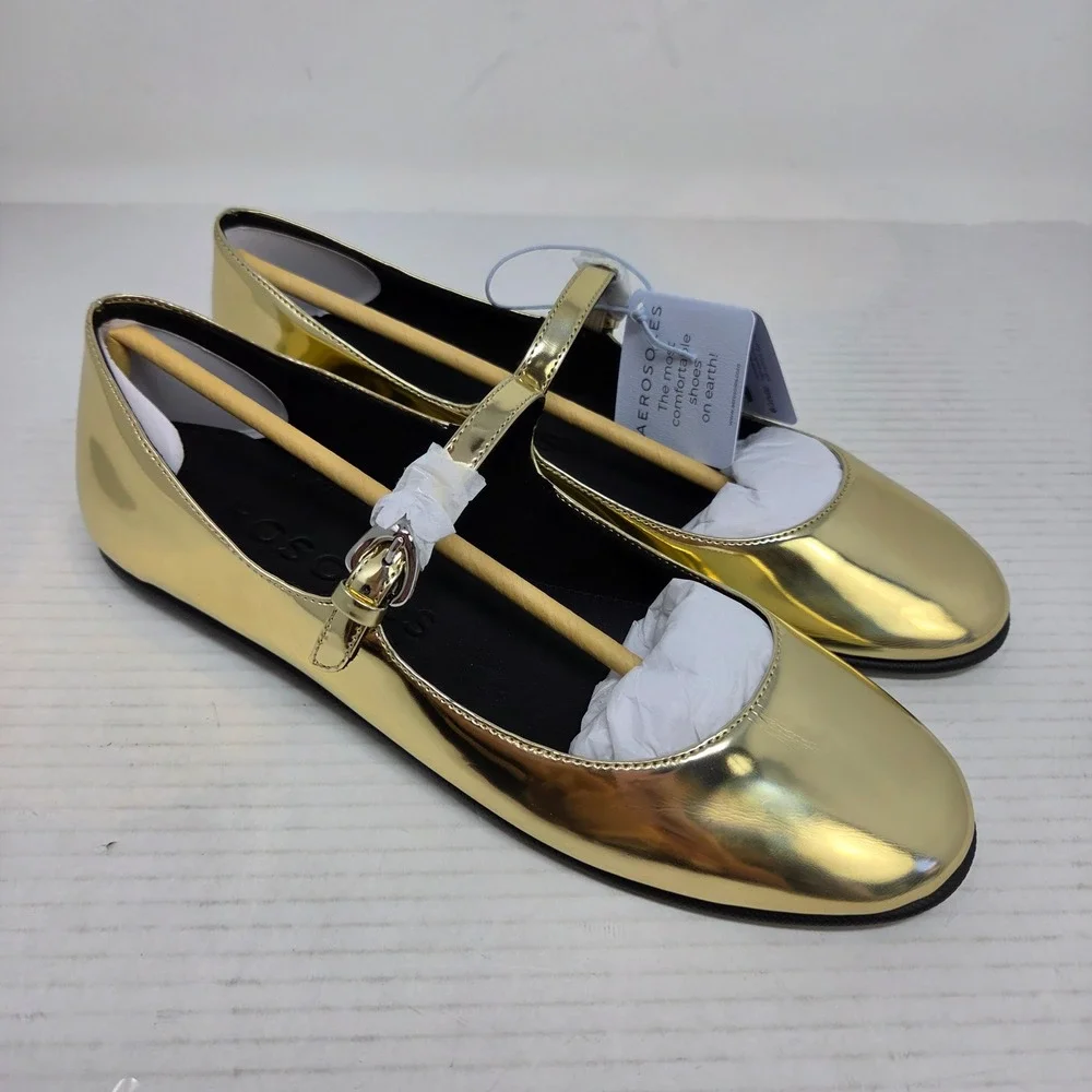 Aerosoles Ferry Flats Womens 8 Gold Metallic‎ Mary Jane Buckle Classic Glam NWT